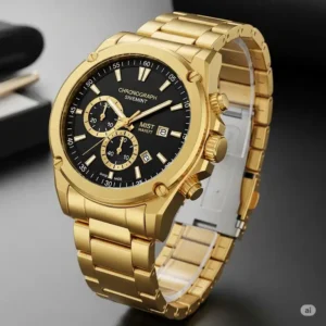 High-performance gold chronograph watch for men, featuring multiple sub-dials and a robust design for active lifestyles.