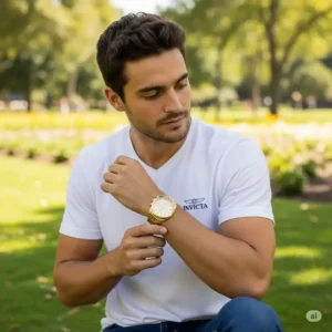 Man wearing an **Invicta gold watch mens** in a casual setting, demonstrating its versatility and comfort for everyday wear.