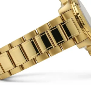 Durable gold-tone stainless steel band of an Invicta watches gold, featuring finely brushed and polished links.