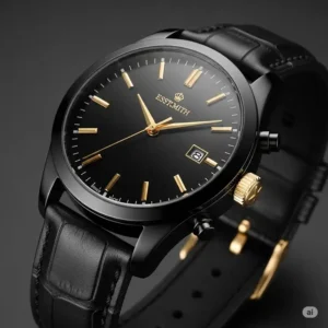 Side profile of a black and gold watch mens version with a premium black leather strap emphasizing comfort.
