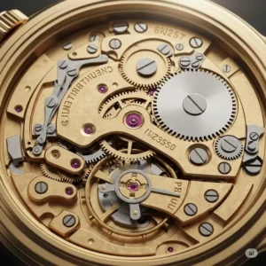 Detailed illustration of an automatic men's gold wrist watch movement, highlighting its sophisticated internal mechanism.