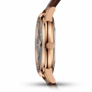 Side profile illustration of a sleek rose gold watches for men, revealing its elegant slimness and genuine gold construction.
