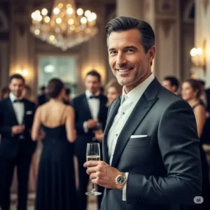 A sophisticated individual wearing a rolex gold watch at a high-end social event, symbolizing success and a luxurious lifestyle.