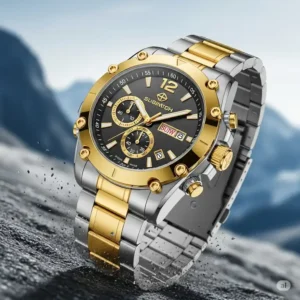 "Dynamic illustration of a sporty gold and silver watch for men, suitable for active lifestyles."