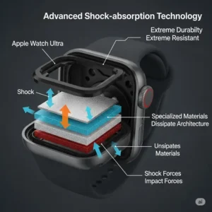 Diagram showcasing the advanced shock-absorption technology integrated into an Apple Watch Ultra case, designed for extreme durability.