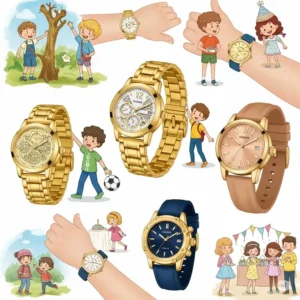 An illustration showcasing a collection of diverse childrens gold watch styles, from elegant to sporty.