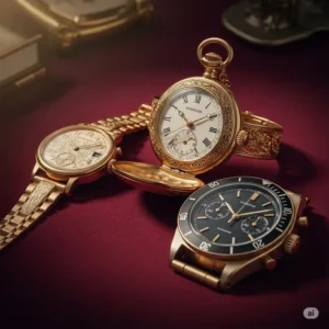 An artistic illustration showcasing a small collection of diverse vintage gold watches, each with unique features, appealing to collectors.
