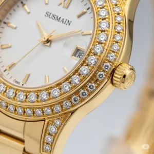 "Stunning 14k gold women's watch featuring a dazzling diamond-set bezel, adding a touch of luxury."