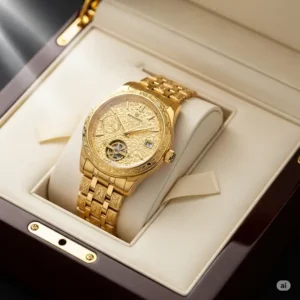 An 18k gold watch presented in a luxurious gift box, ideal for a special occasion.