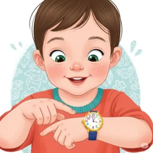 An illustration of a child learning to tell time using an easy-to-read childrens gold watch.