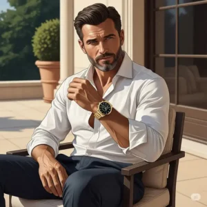 Lifestyle illustration showing a stylish men's gold wrist watch comfortably worn on a man's wrist, complementing his attire.