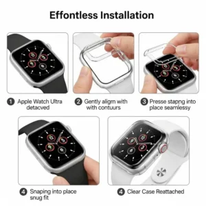 Step-by-step illustration of easily installing a clear Apple Watch Ultra case, ensuring a snug and secure fit.