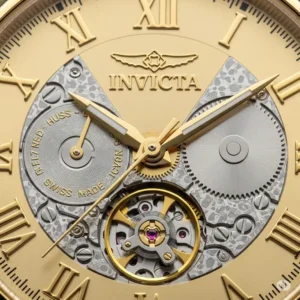 Detailed shot of the face of an **Invicta gold watch mens**, showing the precise movement and elegant hour markers.