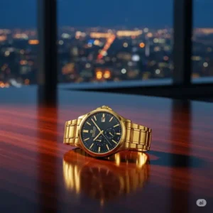 A mens 14k gold watch elegantly placed in a luxury setting, suggesting sophistication and success.