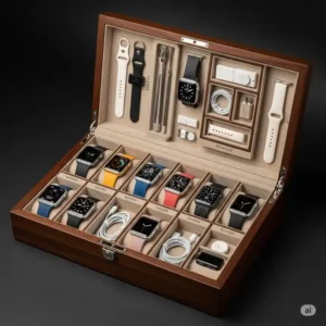 A large capacity watch box for Apple Watch designed to store and organize multiple Apple Watches and their accessories, perfect for collectors.