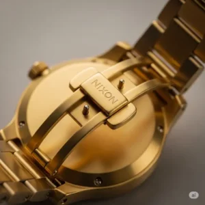 Close-up on the secure and stylish clasp of a Nixon gold watch, illustrating its functional design.