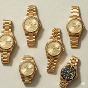 Assortment of various rolex gold watch models, including Day-Date and Submariner, displayed on a plush surface, ideal for collectors.