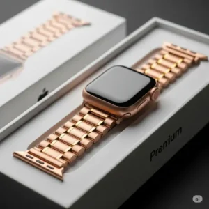 Rose gold and gold Apple Watch band displayed in its sleek packaging, emphasizing its premium presentation.