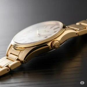 "Side profile of a gold Seiko watch men, revealing its slim case and polished finish."