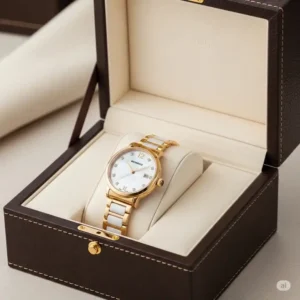 An open watch box revealing a stunning white and gold watch, ideal for a luxurious gift or special occasion.