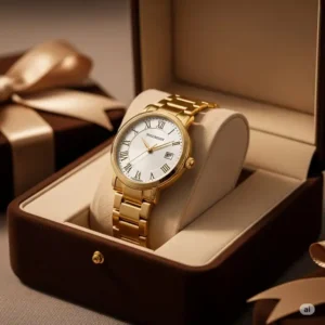 A luxurious 14k gold wrist watch presented in an elegant gift box, suggesting it as an ideal present for special occasions.