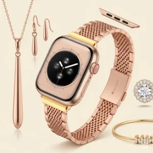 Rose gold and gold Apple Watch band styled with complementary accessories, illustrating its potential for outfit coordination.