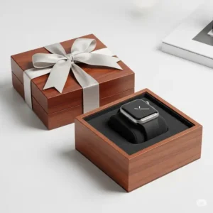 A beautifully presented Apple Watch storage box for Apple Watch, perhaps with a ribbon, suggesting it as an ideal gift for Apple Watch owners.

