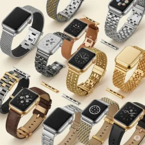 Assortment of various Apple Watch straps in apple watch straps silver and gold tones, showcasing diverse styles and finishes.