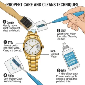 An illustration demonstrating proper care and cleaning techniques for a gold plated watch to maintain its luster.