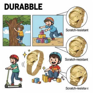 An illustration emphasizing the durability and scratch resistance of a childrens gold watch.