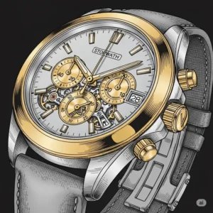 "Illustration of a gold and silver watch for men with chronograph features, highlighting its functional and sophisticated design."