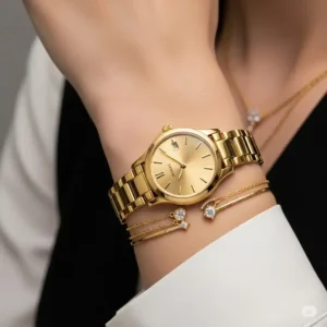 Golden watch women beautifully paired with complementary jewelry on a woman's wrist.