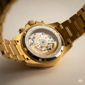 Invicta watches gold with an exhibition case back, revealing the intricate automatic movement of the timepiece.