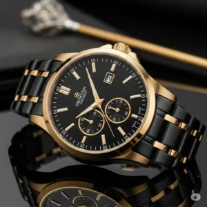 A man's wrist showing how a modern black and gold watch mens accessory complements everyday fashion.