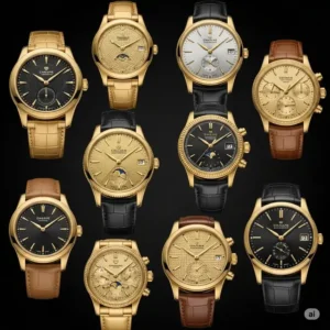 "Variety of mens gold watches in a collection, highlighting diverse styles and designs."