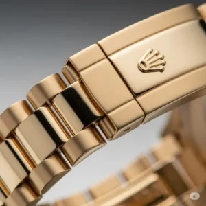 Close-up of the finely crafted gold bracelet of a rolex gold watch, demonstrating the quality of materials and attention to detail in its construction.