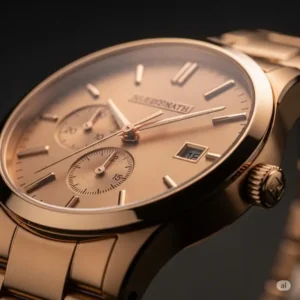 Closeup view of a modern rose 18k gold watch, showcasing its warm hue and polished finish.