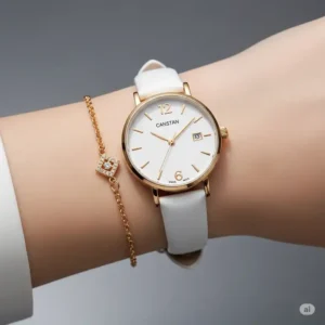 A fashionable white and gold watch paired with a delicate gold bracelet, illustrating complementary accessories.
