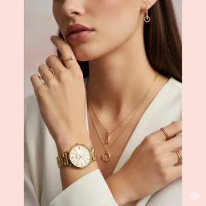 Elegant womens 14k gold watches paired with matching gold jewelry for a sophisticated look.