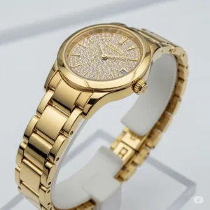 "Elegant women's 14k gold wrist watch with an integrated bracelet, showcasing fine craftsmanship."