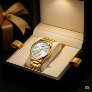 A new 14k gold watch mens presented in a luxurious gift box, ideal for a special occasion.