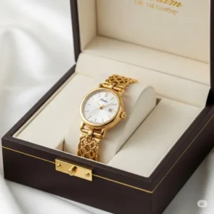 "Luxurious 14k gold women's watch presented in an elegant gift box, ready for a special occasion."