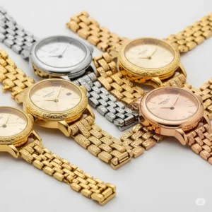 Comparison of womens 14k gold watches in different gold tones, including yellow, white, and rose gold.