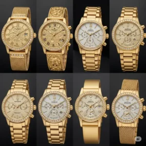 A curated display of various 14k gold wrist watch styles, highlighting different designs and features available.