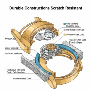 Diagram illustrating the durable construction and scratch resistance of an 18k gold watch case.