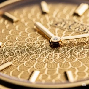Macro shot of the unique dial texture on a 24k gold watches for men, revealing exquisite patterns and finishes.