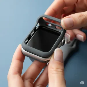 Hands demonstrating the simple and quick installation process of an **apple watch 10 case** onto the device.
