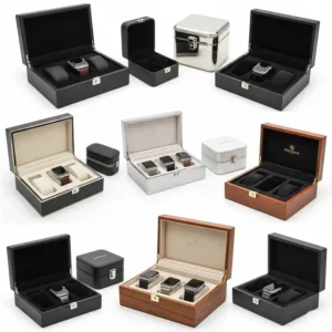 An array of different watch boxes for Apple Watch, showcasing various sizes, materials, and styles to suit diverse preferences and needs.

