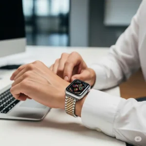 Apple Watch with a refined apple watch straps silver and gold, styled for a modern lifestyle, suitable for both work and casual wear.