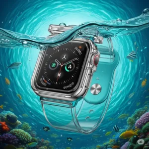 Waterproof Apple Watch Ultra case submerged in water, illustrating its robust protection for swimming and other aquatic sports.